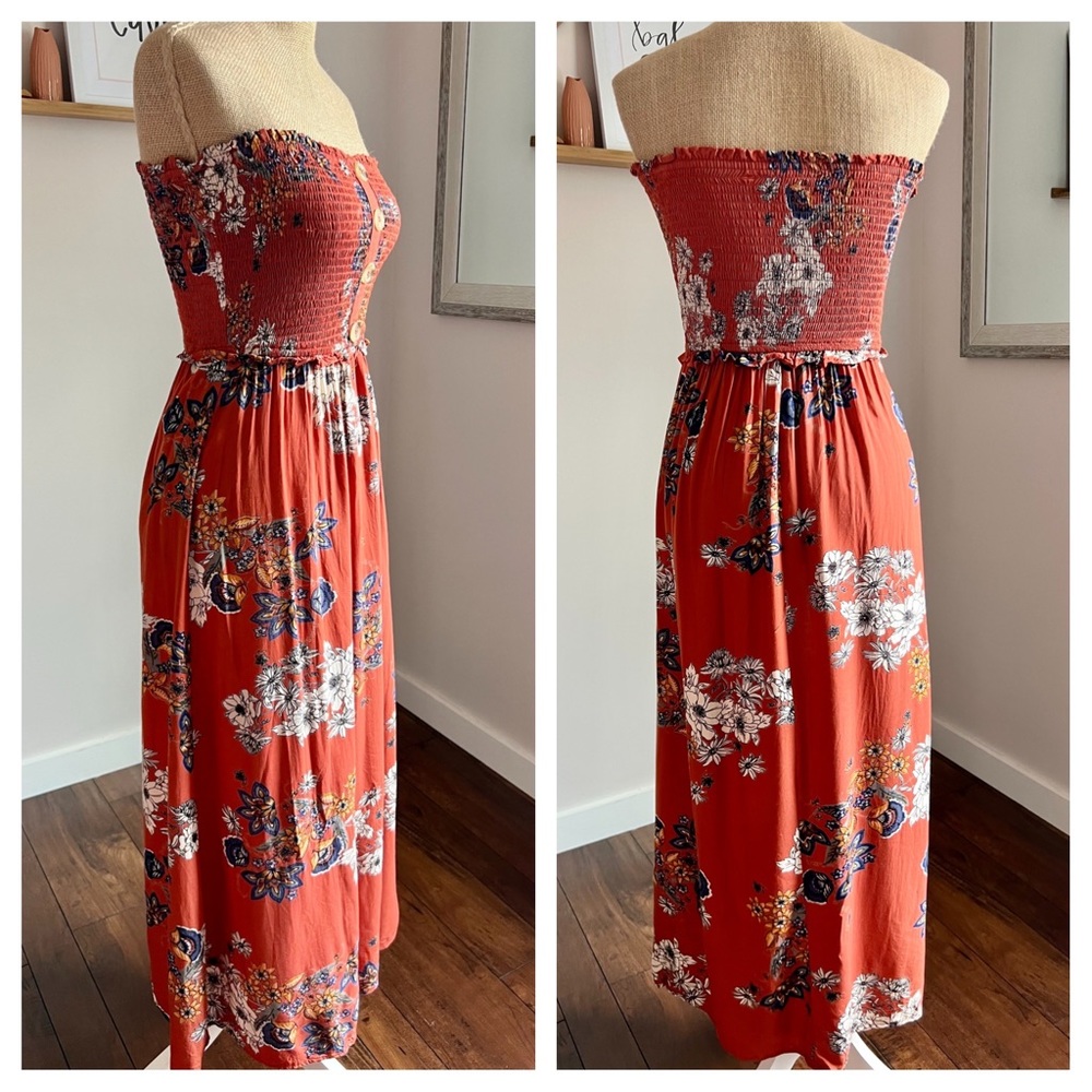Angie Brick Orange Floral Smocked Button Front Maxi Dress - Picture 3 of 10